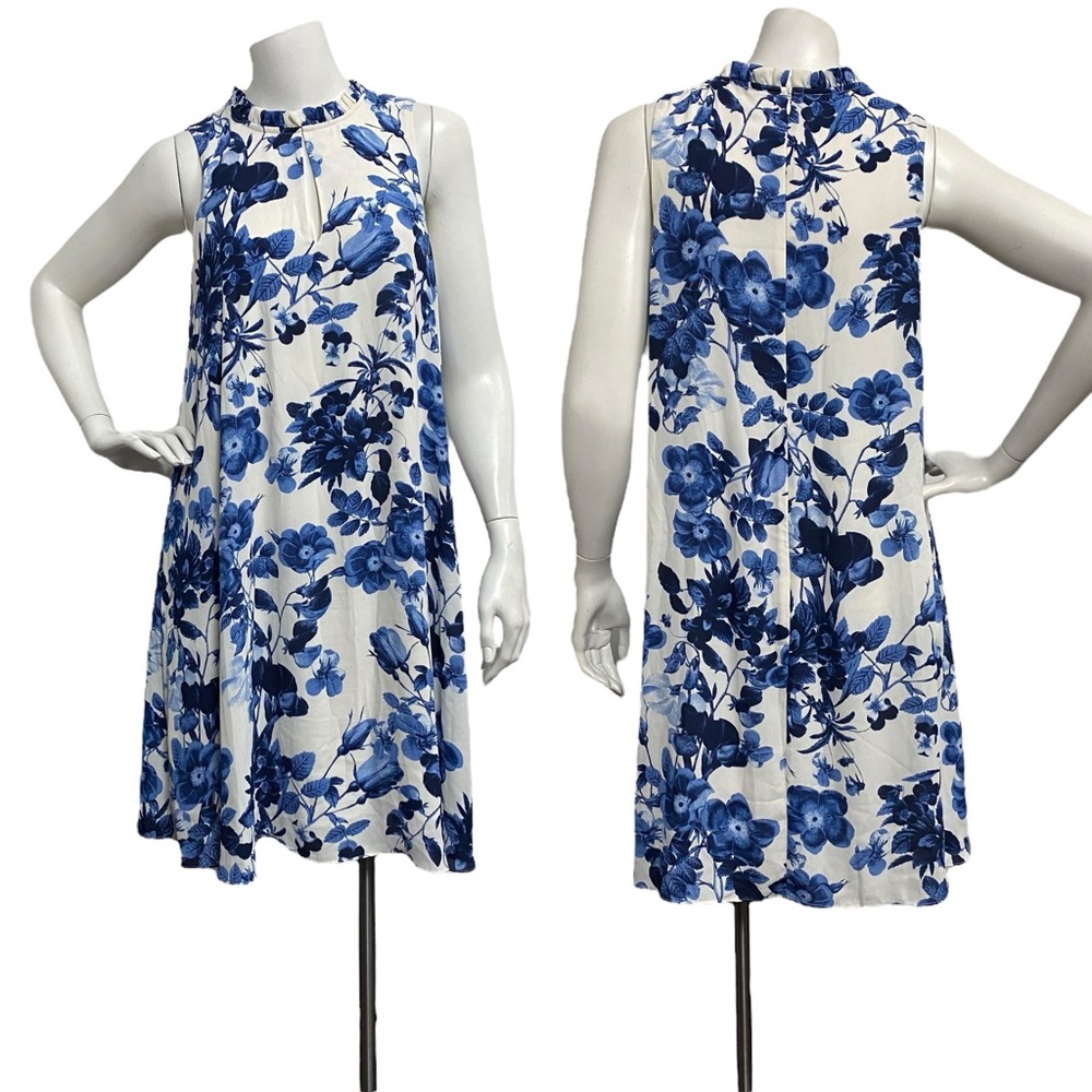 Adrienne Vittadini Size 8 Trapeze A-Line Dress Blue Floral Lined Knee Length